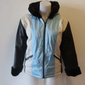 *NWT Womens KC Collections Black White Aqua Full Zip Hooded Jacket XL